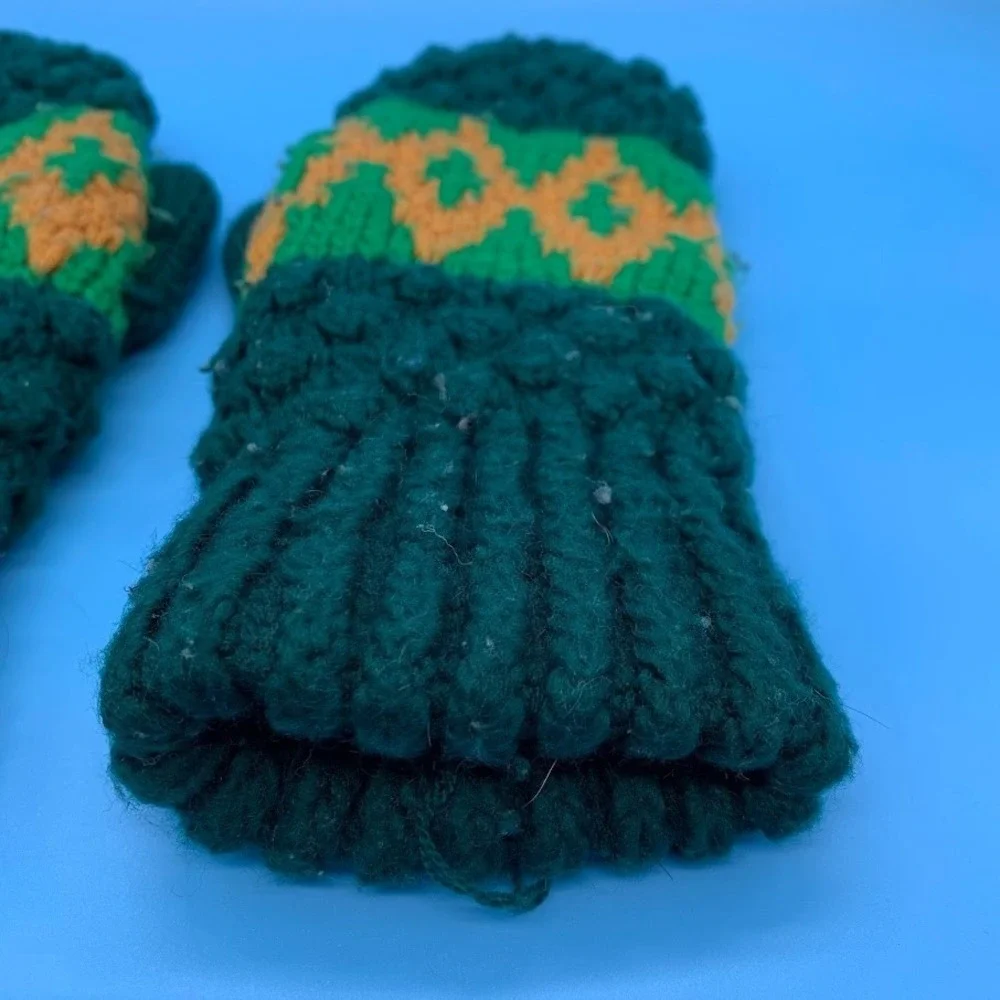 Vintage Green Knit Adult Mittens Gloves Handmade‎ Retro Winter Ski